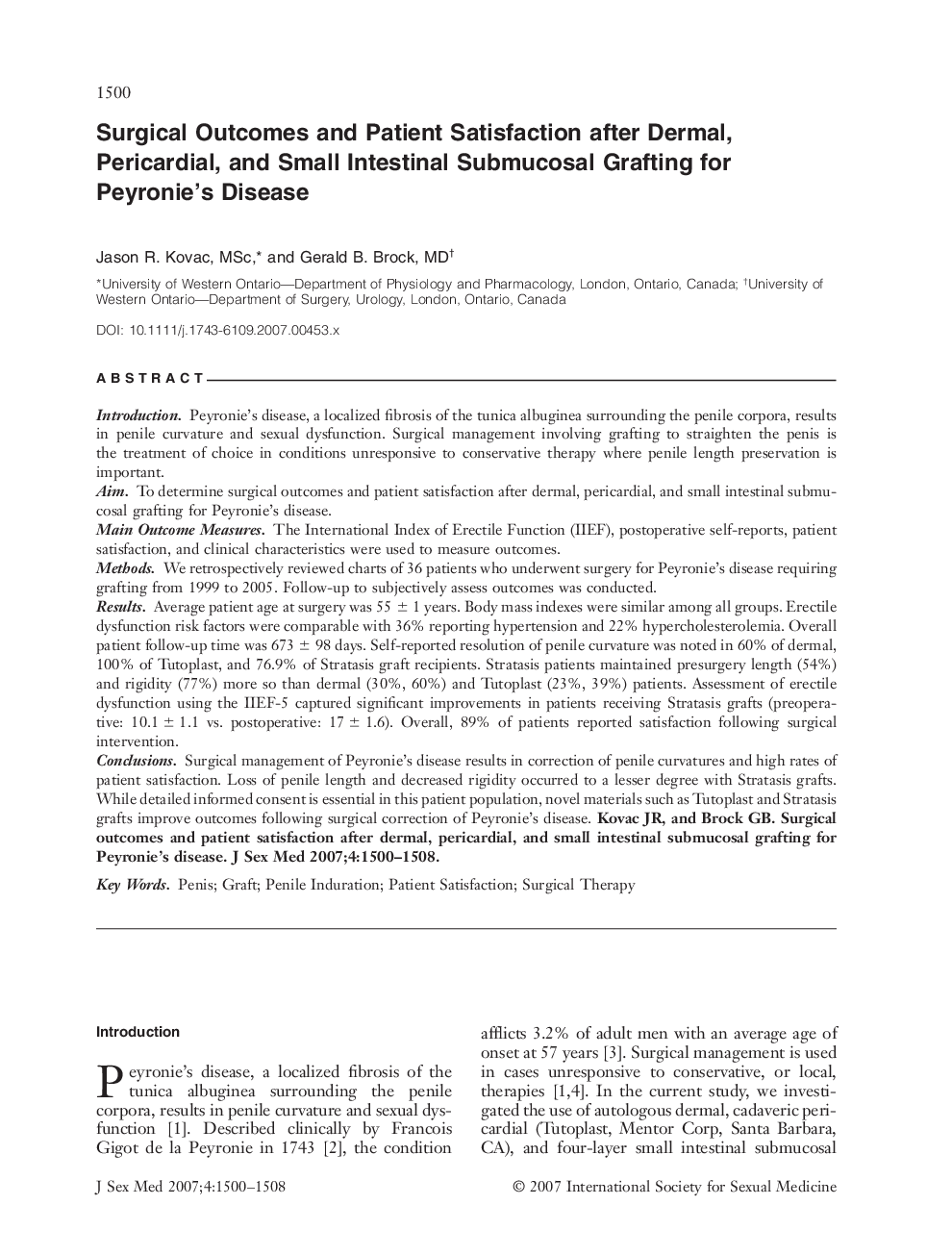 Surgical Outcomes and Patient Satisfaction after Dermal, Pericardial, and Small Intestinal Submucosal Grafting for Peyronie's Disease