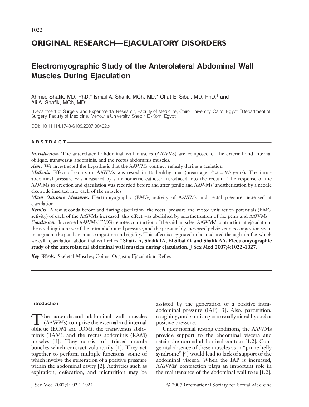 Electromyographic Study of the Anterolateral Abdominal Wall Muscles During Ejaculation