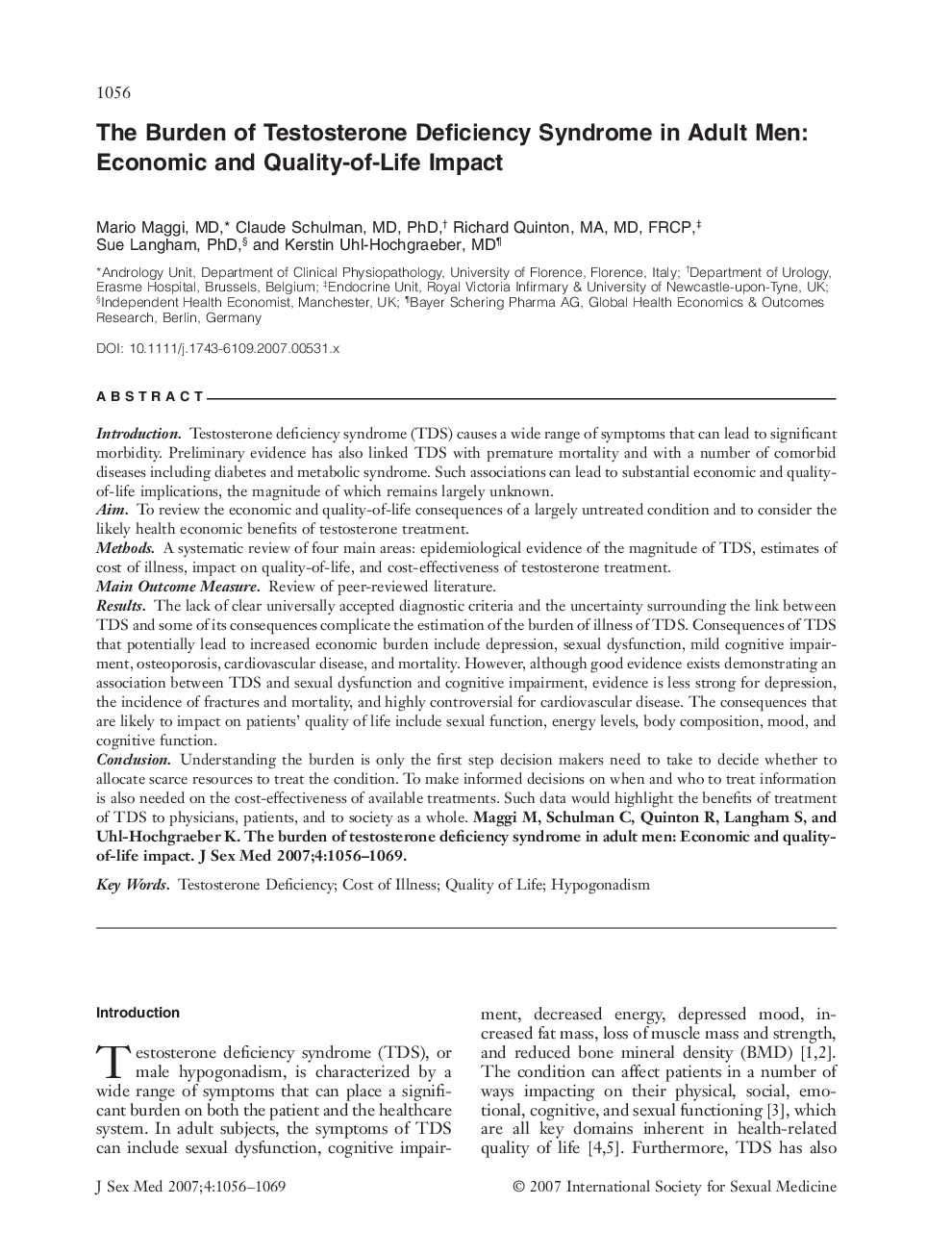 The Burden of Testosterone Deficiency Syndrome in Adult Men: Economic and Quality-of-Life Impact