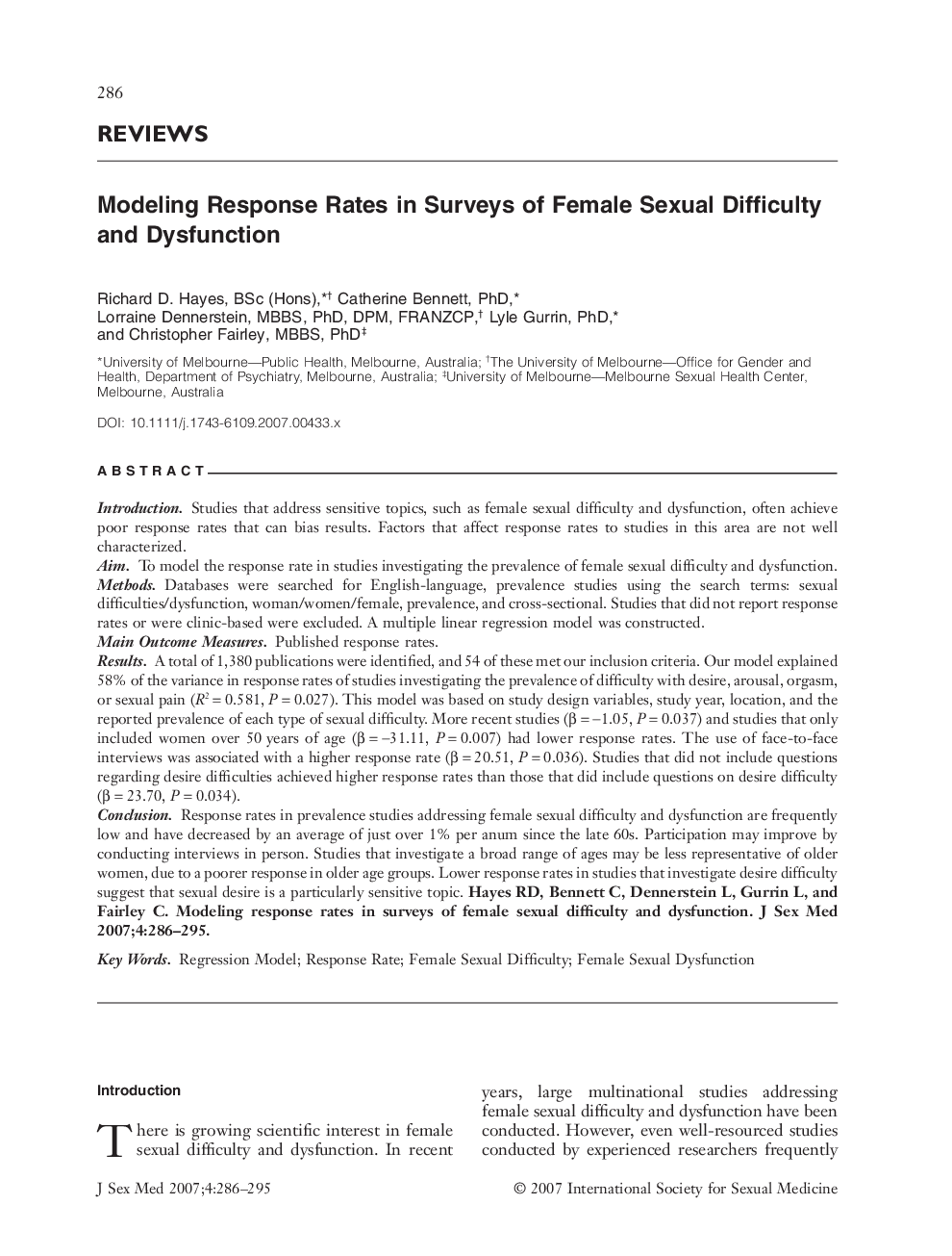 REVIEWS: Modeling Response Rates in Surveys of Female Sexual Difficulty and Dysfunction