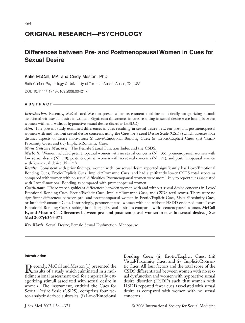 ORIGINAL RESEARCH-PSYCHOLOGY: Differences between Pre- and Postmenopausal Women in Cues for Sexual Desire