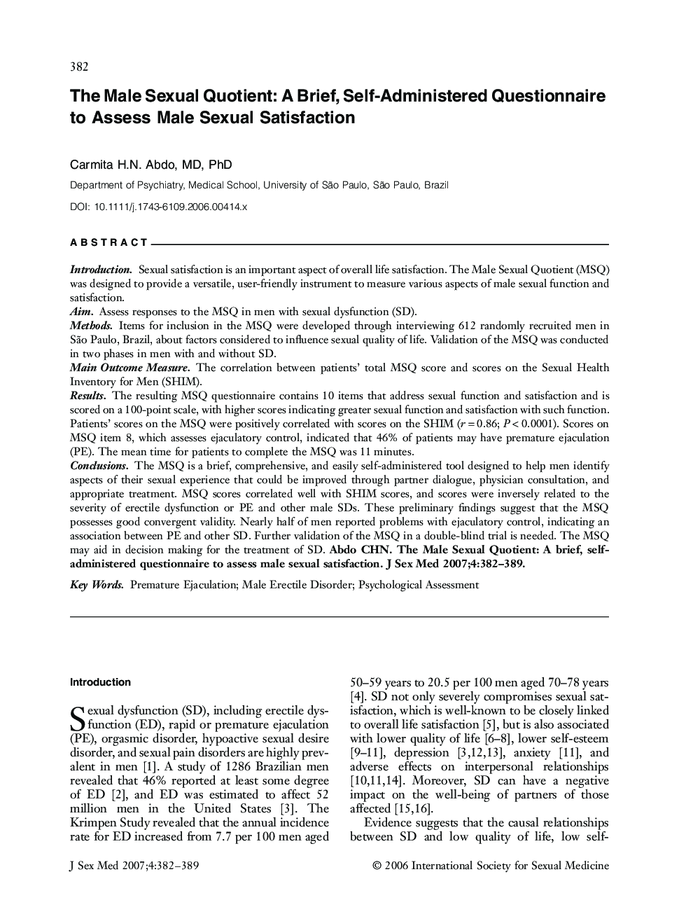 The Male Sexual Quotient: A Brief, Self-Administered Questionnaire to Assess Male Sexual Satisfaction