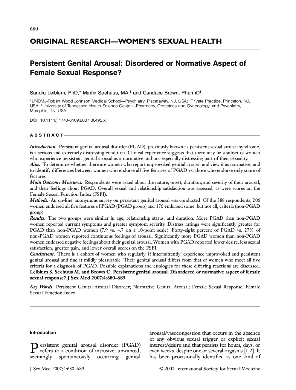 ORIGINAL RESEARCH-WOMEN'S SEXUAL HEALTH: Persistent Genital Arousal: Disordered or Normative Aspect of Female Sexual Response?
