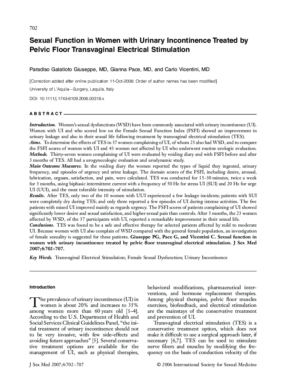 Sexual Function in Women with Urinary Incontinence Treated by Pelvic Floor Transvaginal Electrical Stimulation