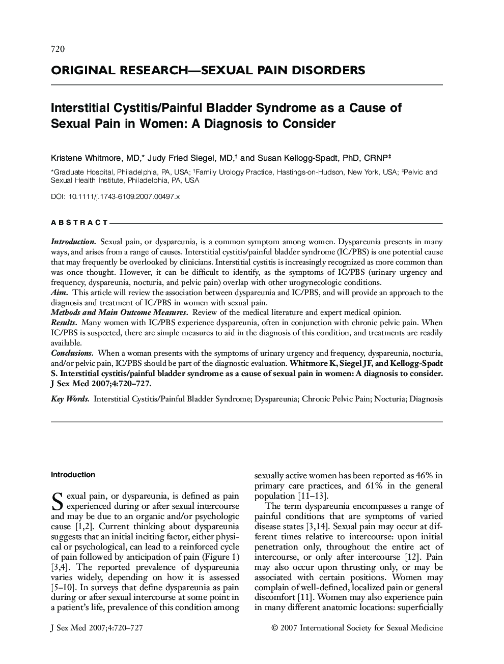 ORIGINAL RESEARCH-SEXUAL PAIN DISORDERS: Interstitial Cystitis/Painful Bladder Syndrome as a Cause of Sexual Pain in Women: A Diagnosis to Consider