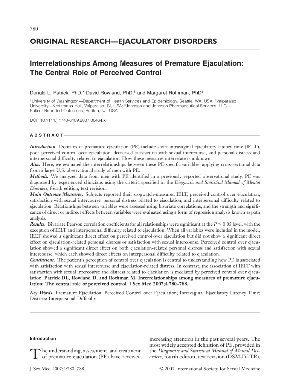 ORIGINAL RESEARCH-EJACULATORY DISORDERS: Interrelationships Among Measures of Premature Ejaculation: The Central Role of Perceived Control