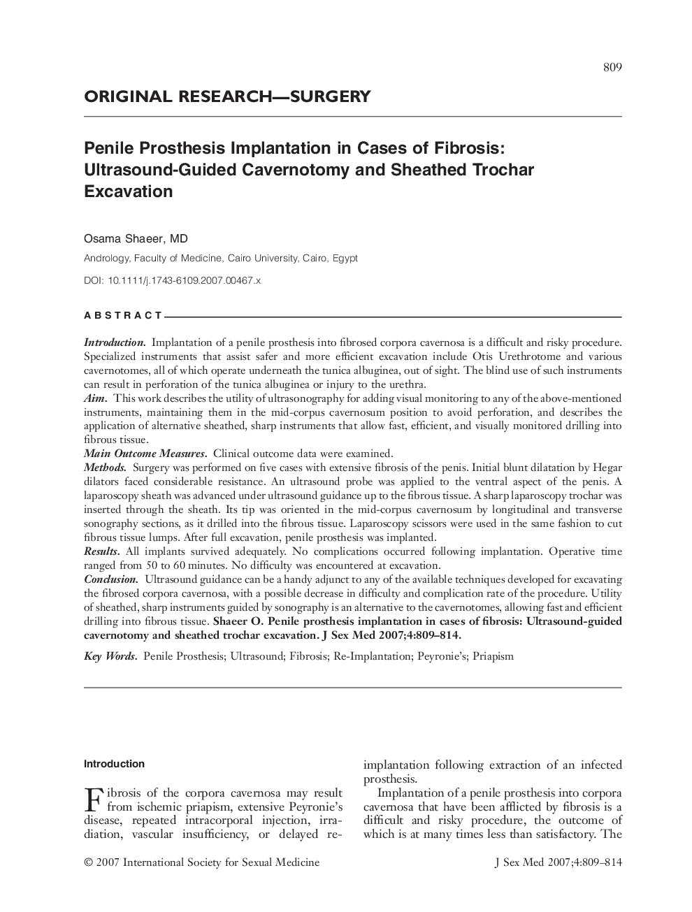 ORIGINAL RESEARCH-SURGERY: Penile Prosthesis Implantation in Cases of Fibrosis: Ultrasound-Guided Cavernotomy and Sheathed Trochar Excavation