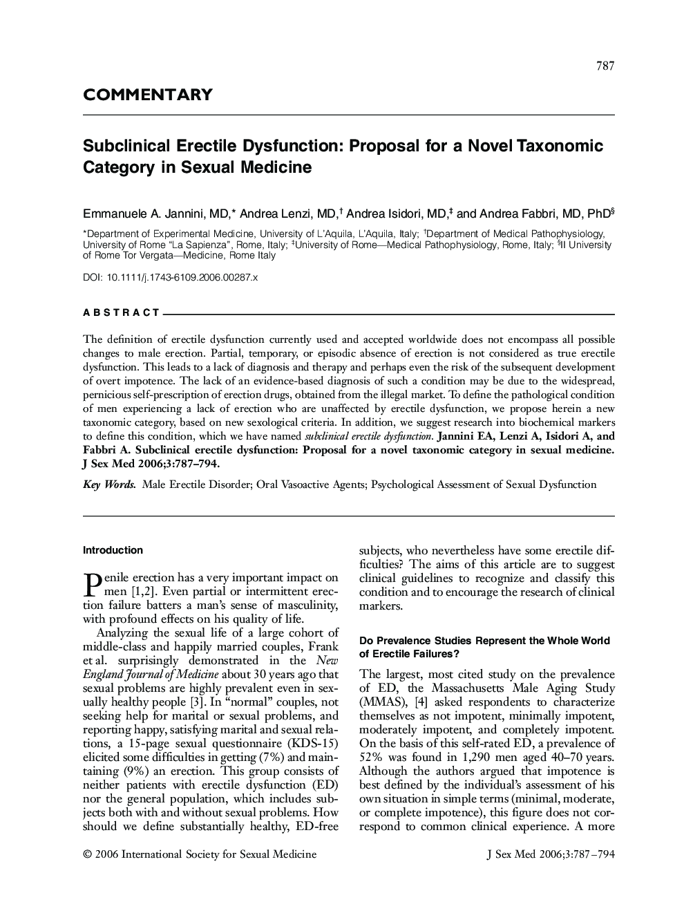 COMMENTARY: Subclinical Erectile Dysfunction: Proposal for a Novel Taxonomic Category in Sexual Medicine