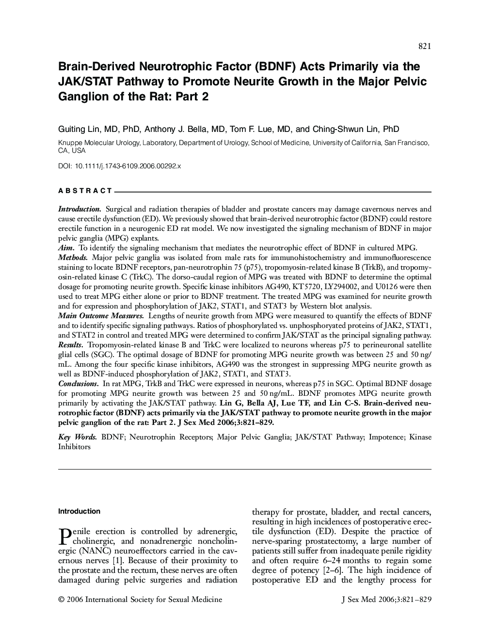 BrainâDerived Neurotrophic Factor (BDNF) Acts Primarily via the JAK/STAT Pathway to Promote Neurite Growth in the Major Pelvic Ganglion of the Rat: Part 2