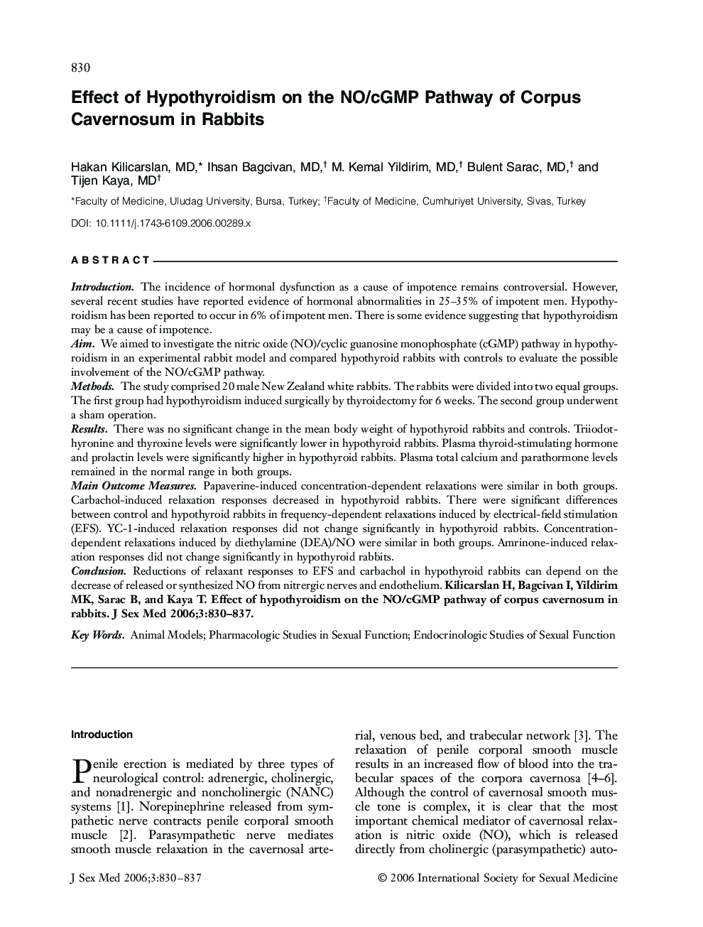 Effect of Hypothyroidism on the NO/cGMP Pathway of Corpus Cavernosum in Rabbits