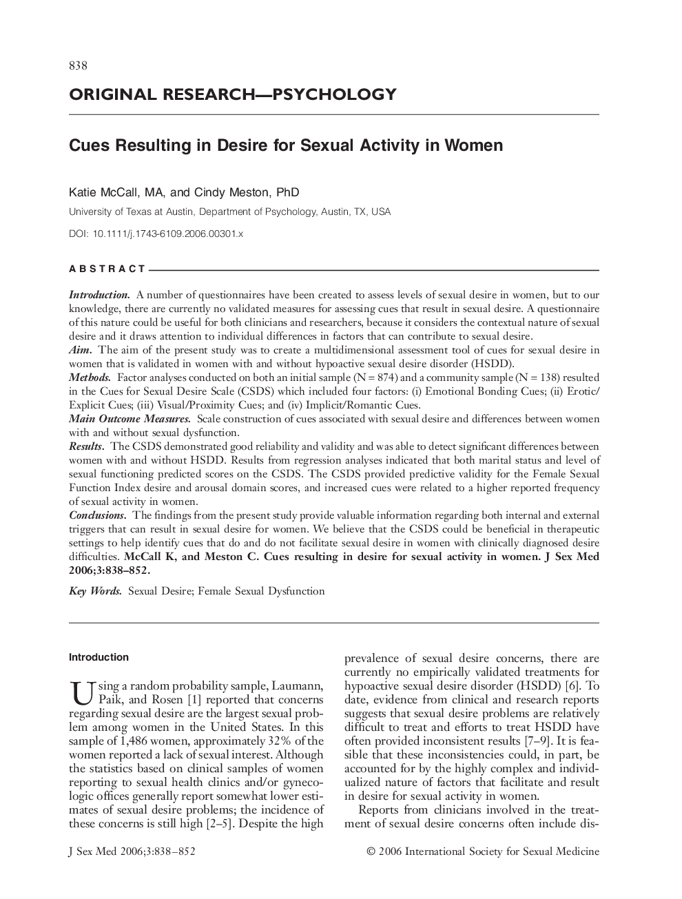 ORIGINAL RESEARCH-PSYCHOLOGY: Cues Resulting in Desire for Sexual Activity in Women