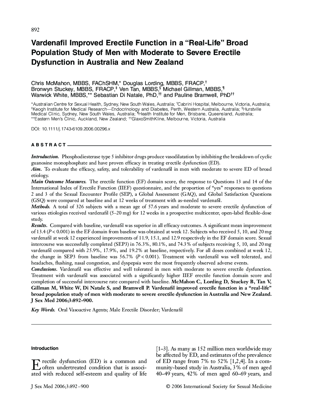 Vardenafil Improved Erectile Function in a “RealâLife” Broad Population Study of Men with Moderate to Severe Erectile Dysfunction in Australia and New Zealand