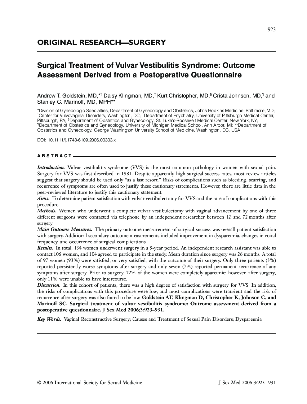 ORIGINAL RESEARCH-SURGERY: Surgical Treatment of Vulvar Vestibulitis Syndrome: Outcome Assessment Derived from a Postoperative Questionnaire