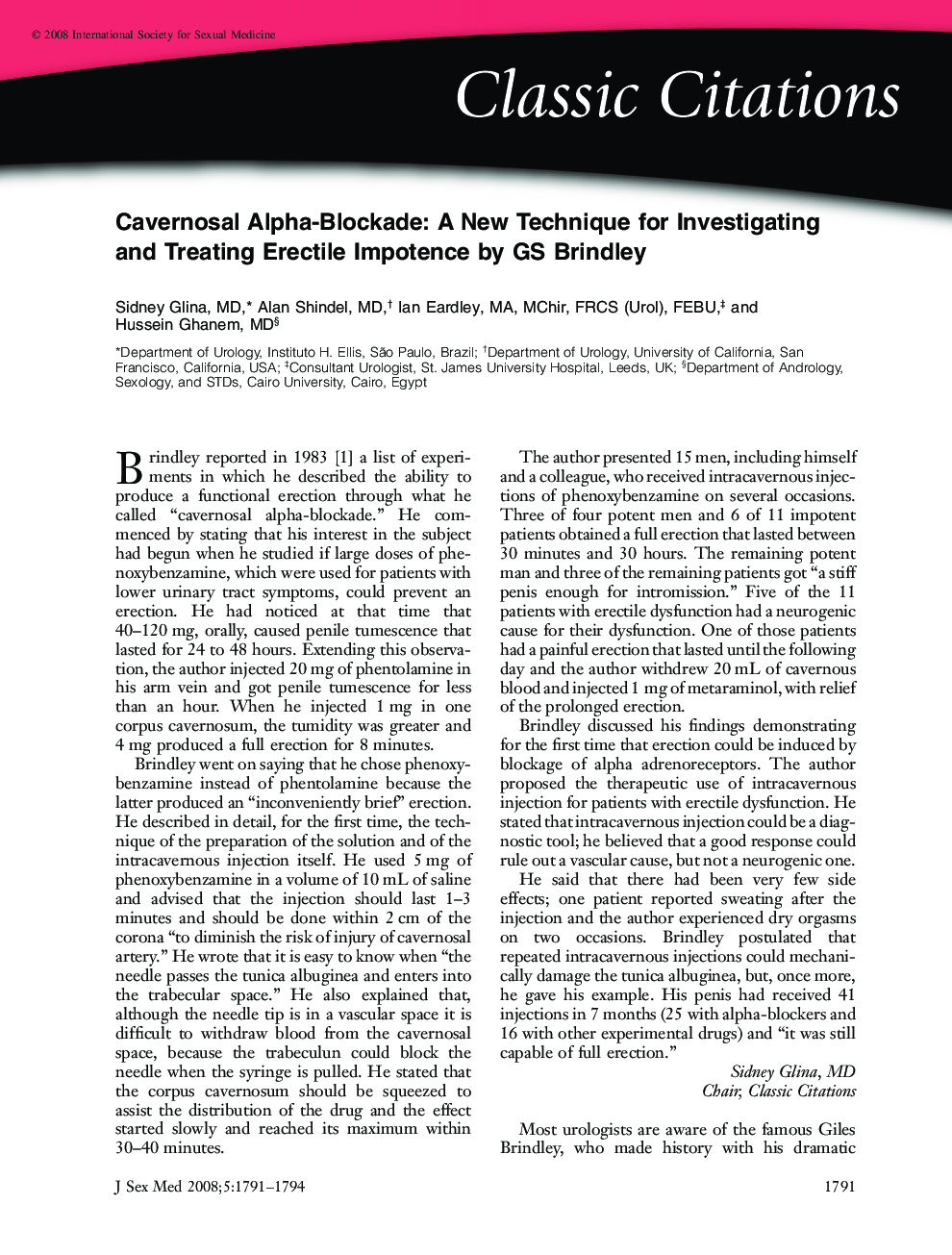 Classic Citations: Cavernosal AlphaâBlockade: A New Technique for Investigating and Treating Erectile Impotence by GS Brindley
