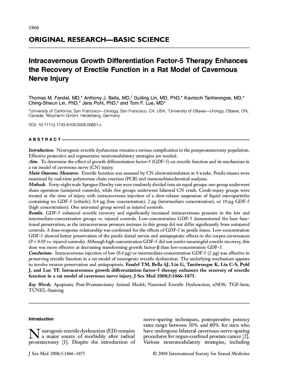 Intracavernous Growth Differentiation Factorâ5 Therapy Enhances the Recovery of Erectile Function in a Rat Model of Cavernous Nerve Injury