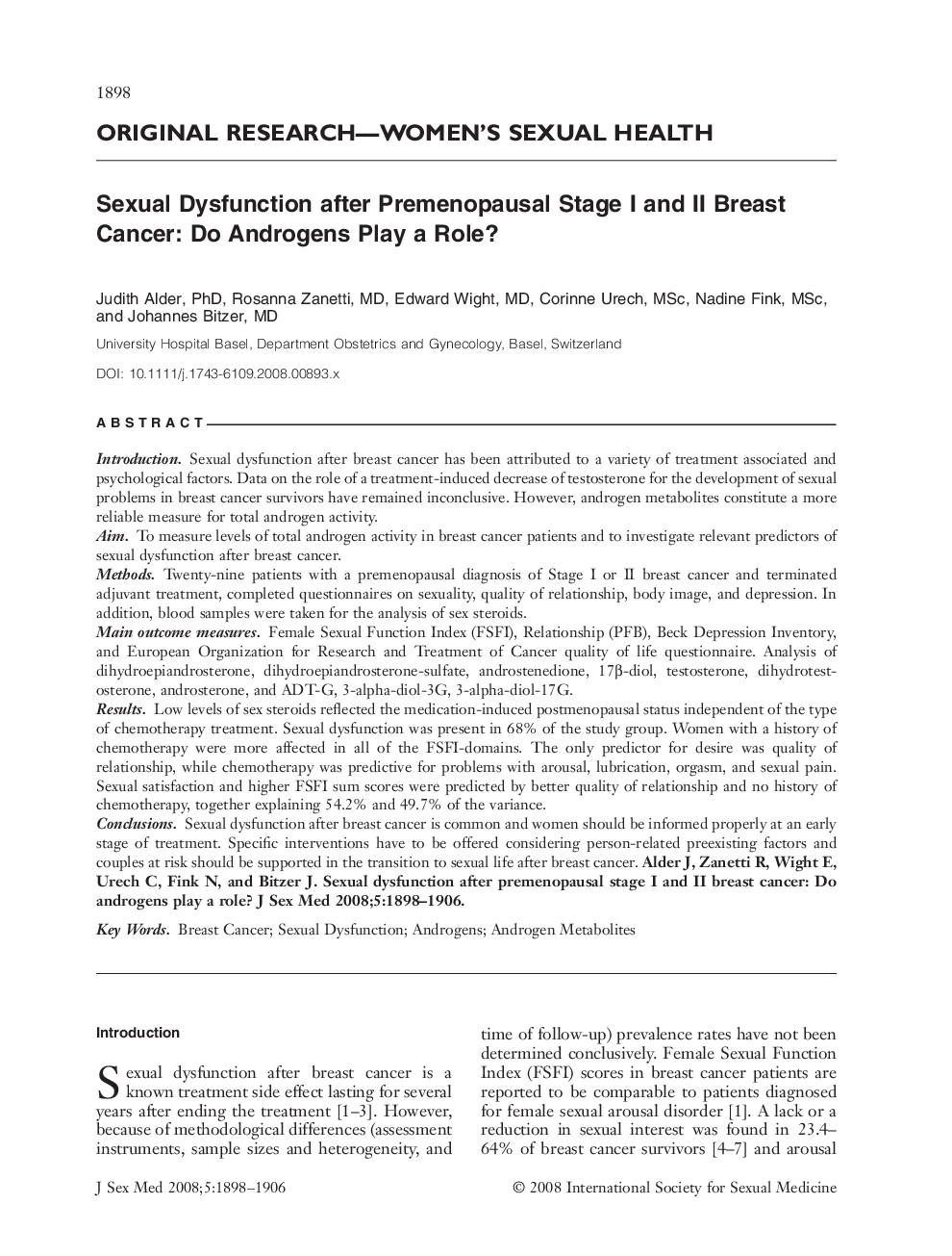 Sexual Dysfunction after Premenopausal Stage I and II Breast Cancer: Do Androgens Play a Role?