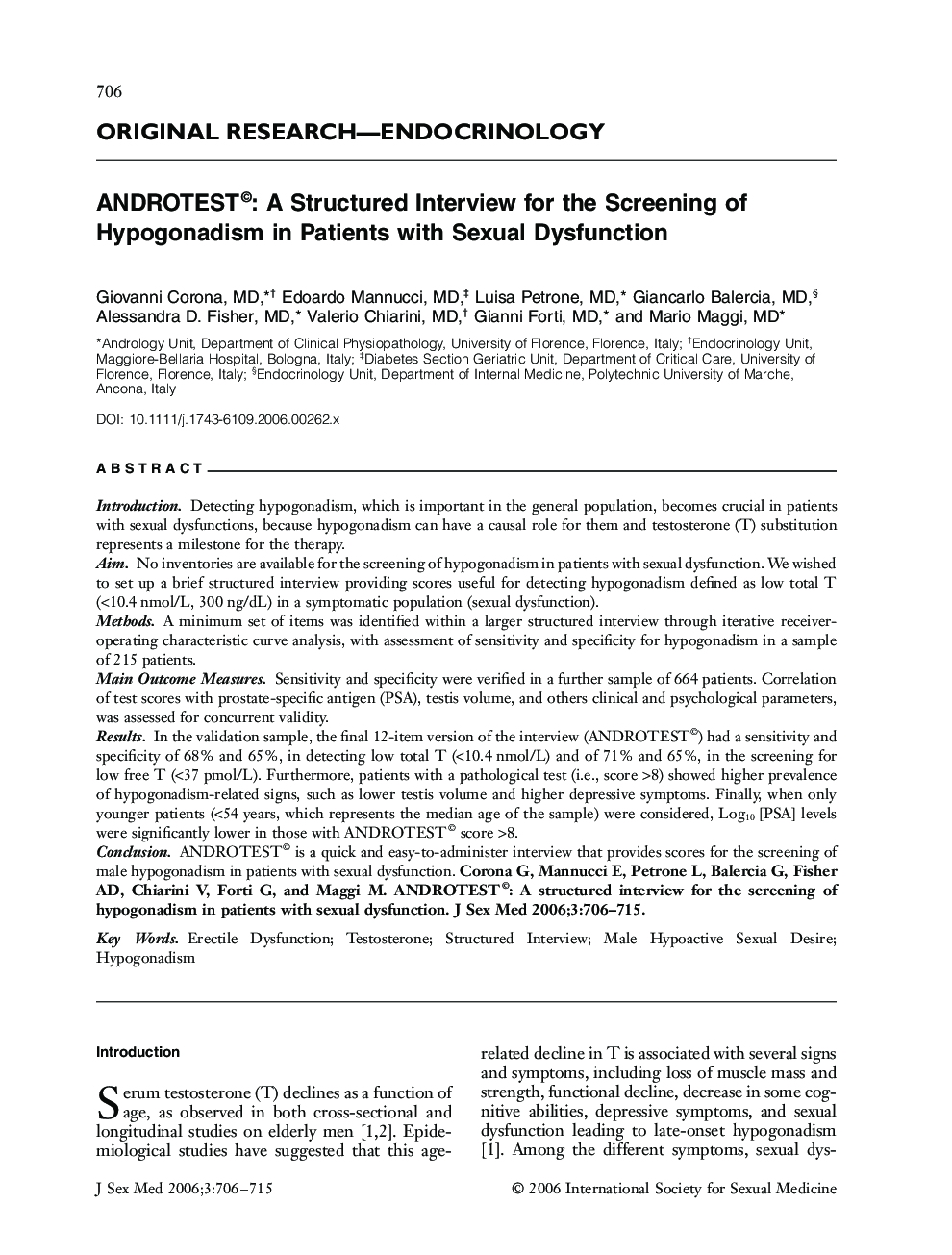 ORIGINAL RESEARCH-ENDOCRINOLOGY: ANDROTEST©: A Structured Interview for the Screening of Hypogonadism in Patients with Sexual Dysfunction