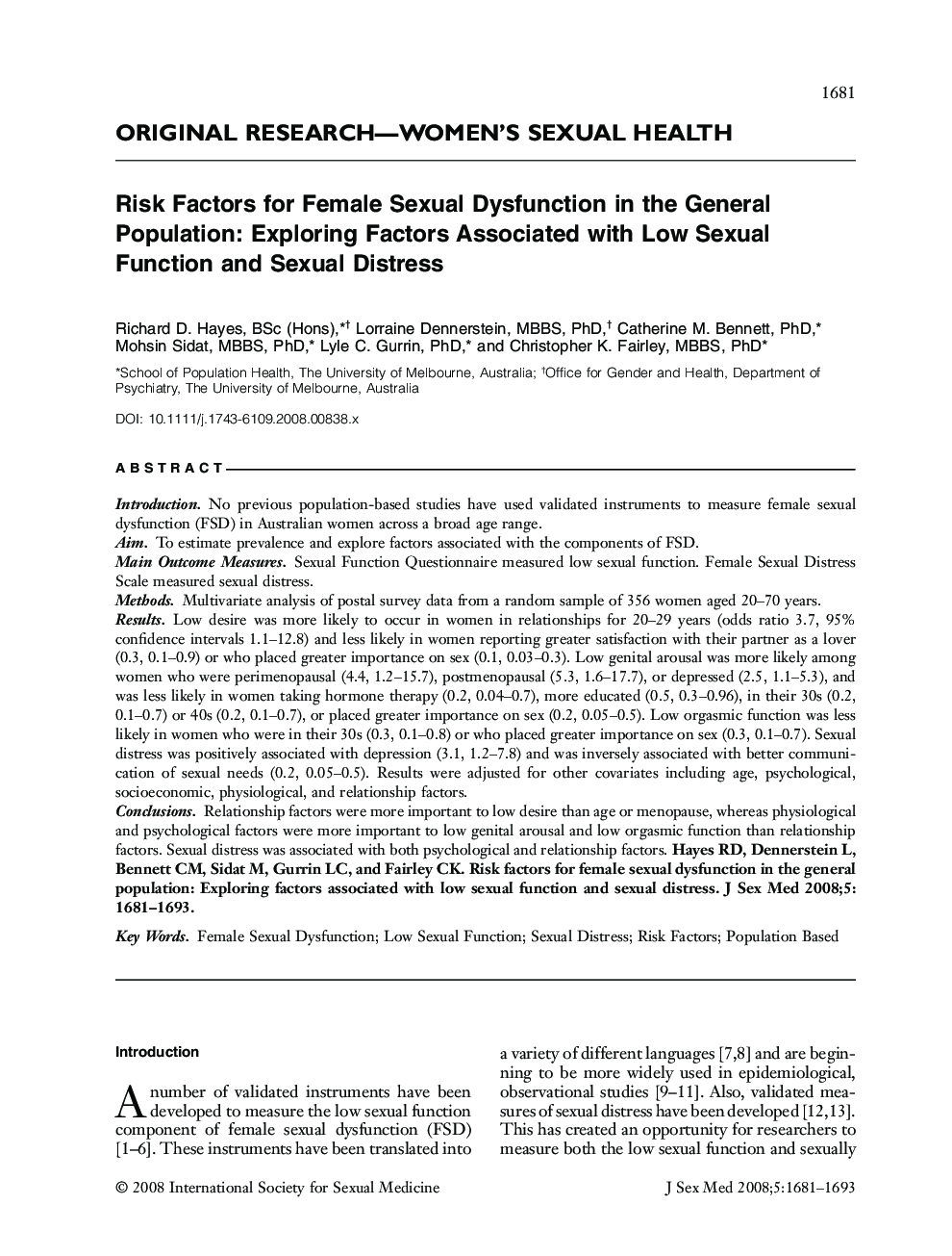 Risk Factors for Female Sexual Dysfunction in the General Population: Exploring Factors Associated with Low Sexual Function and Sexual Distress