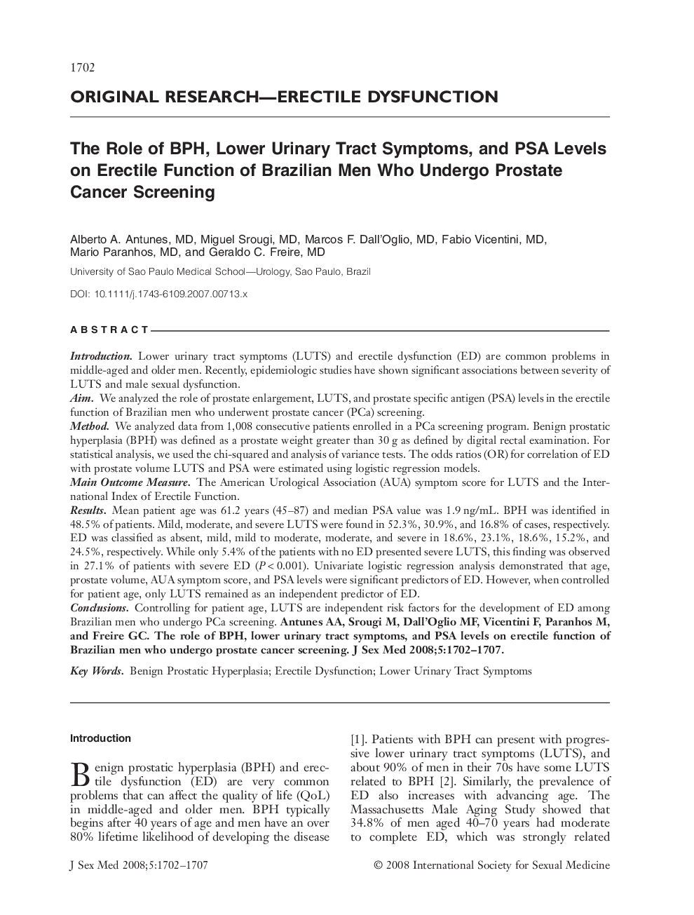 عکس صفحه اول مقاله: The Role of BPH, Lower Urinary Tract Symptoms, and PSA Levels on Erectile Function of Brazilian Men Who Undergo Prostate Cancer Screening The Role of BPH, Lower Urinary Tract Symptoms, and PSA Levels on Erectile Function of Brazilian Men Who Undergo Prostate Cancer Screening