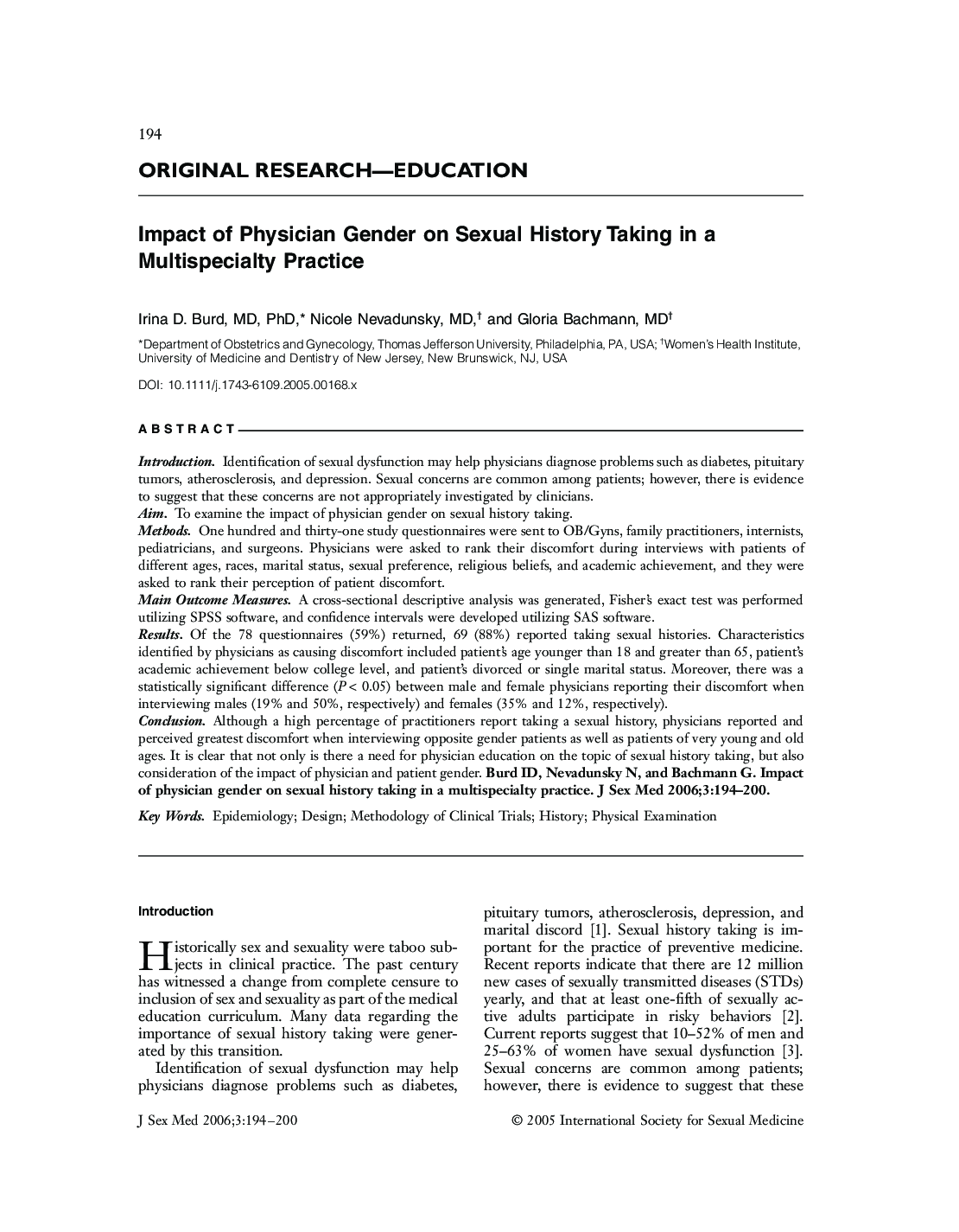 ORIGINAL RESEARCH-EDUCATION: Impact of Physician Gender on Sexual History Taking in a Multispecialty Practice