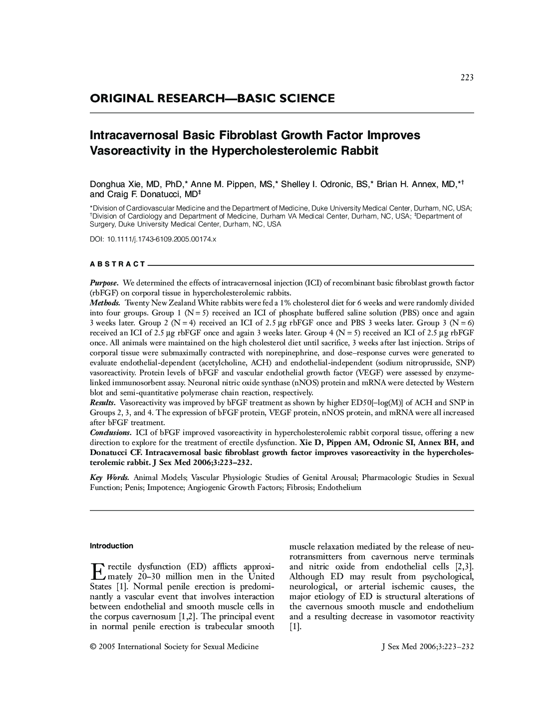 ORIGINAL RESEARCH-BASIC SCIENCE: Intracavernosal Basic Fibroblast Growth Factor Improves Vasoreactivity in the Hypercholesterolemic Rabbit