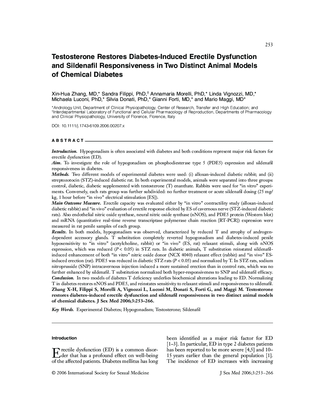 Testosterone Restores DiabetesâInduced Erectile Dysfunction and Sildenafil Responsiveness in Two Distinct Animal Models of Chemical Diabetes