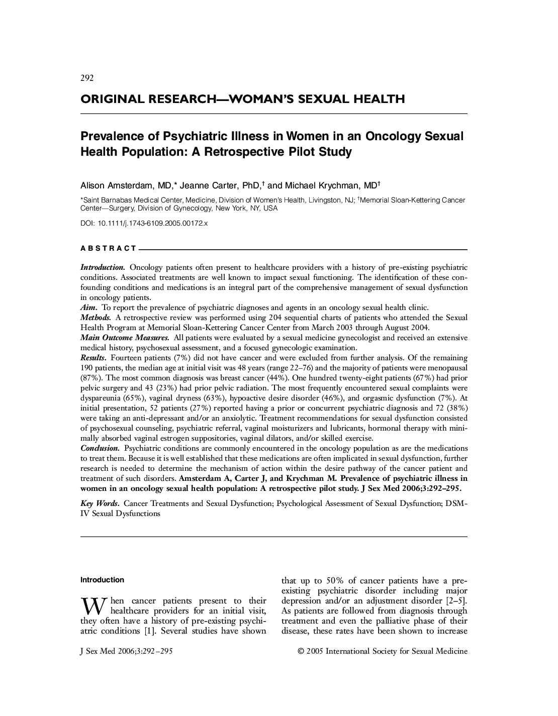 ORIGINAL RESEARCH-WOMAN'S SEXUAL HEALTH: Prevalence of Psychiatric Illness in Women in an Oncology Sexual Health Population: A Retrospective Pilot Study