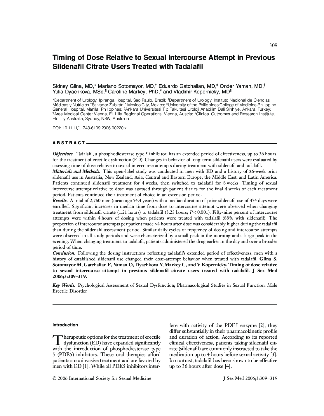 Timing of Dose Relative to Sexual Intercourse Attempt in Previous Sildenafil Citrate Users Treated with Tadalafil