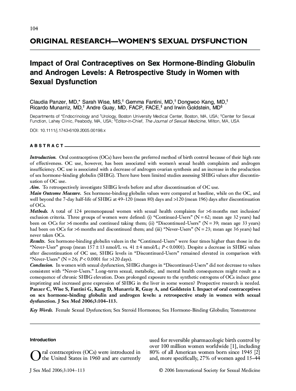 ORIGINAL RESEARCH-WOMEN's SEXUAL DYSFUNCTION: Impact of Oral Contraceptives on Sex HormoneâBinding Globulin and Androgen Levels: A Retrospective Study in Women with Sexual Dysfunction