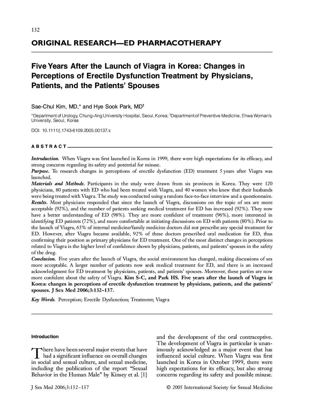 ORIGINAL RESEARCH-ED PHARMACOTHERAPY: Five Years After the Launch of Viagra in Korea: Changes in Perceptions of Erectile Dysfunction Treatment by Physicians, Patients, and the Patients' Spouses