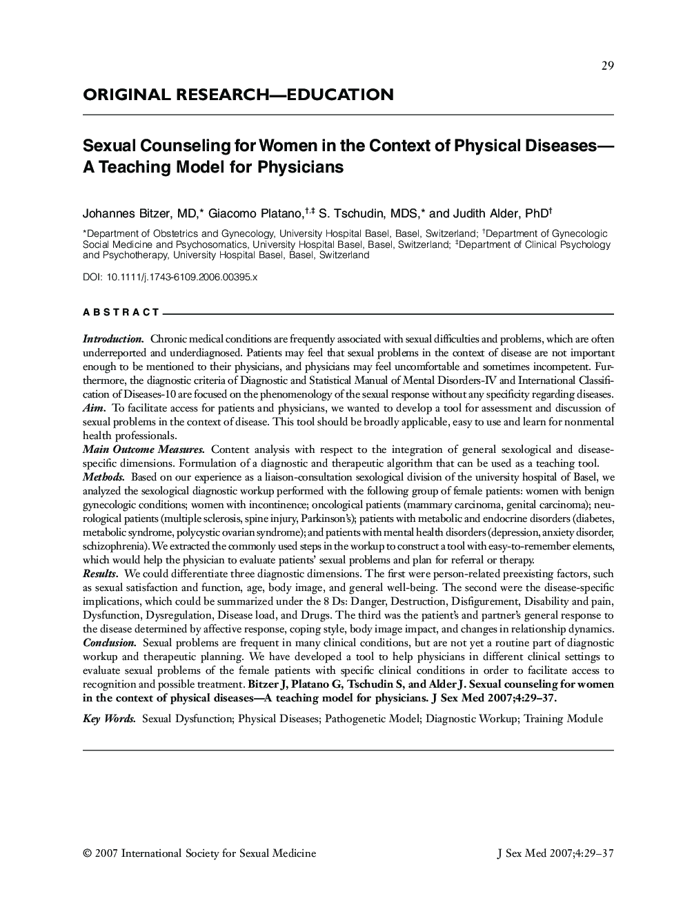 ORIGINAL RESEARCH-EDUCATION: Sexual Counseling for Women in the Context of Physical Diseases-A Teaching Model for Physicians