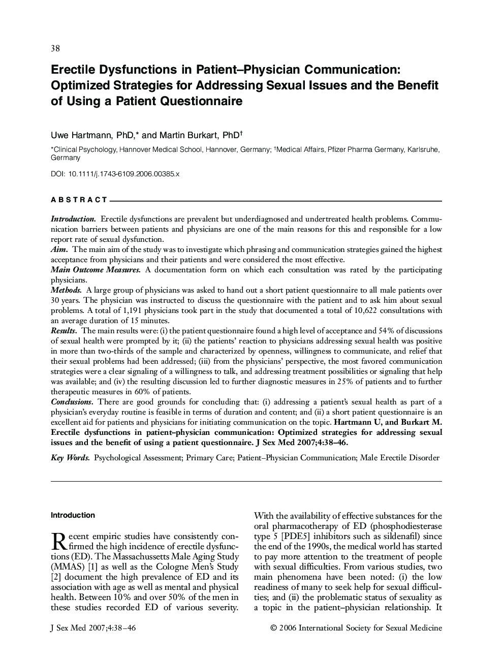 Erectile Dysfunctions in Patient-Physician Communication: Optimized Strategies for Addressing Sexual Issues and the Benefit of Using a Patient Questionnaire