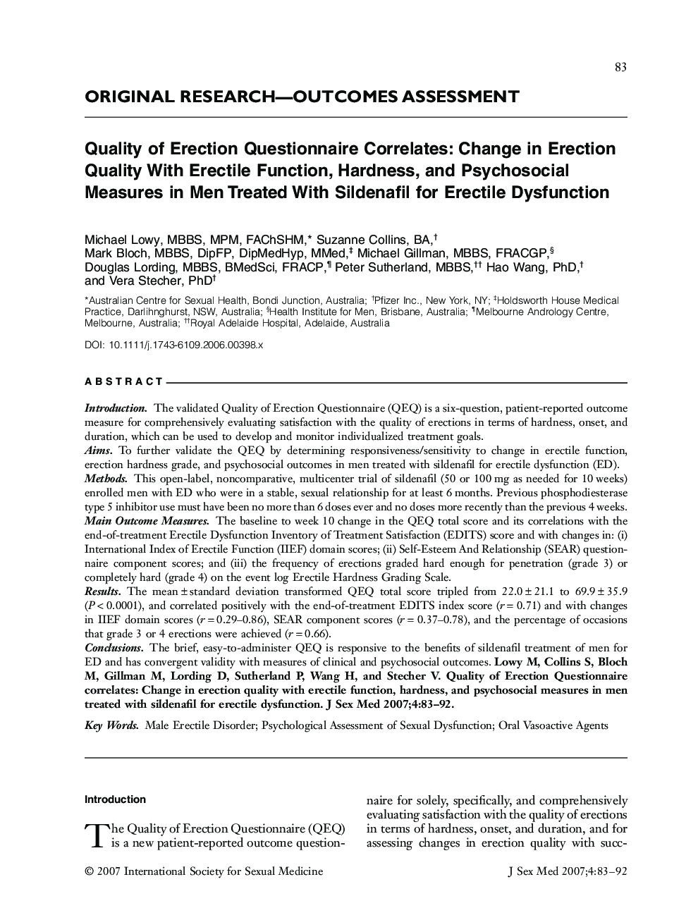 ORIGINAL RESEARCH-OUTCOMES ASSESSMENT: Quality of Erection Questionnaire Correlates: Change in Erection Quality With Erectile Function, Hardness, and Psychosocial Measures in Men Treated With Sildenafil for Erectile Dysfunction