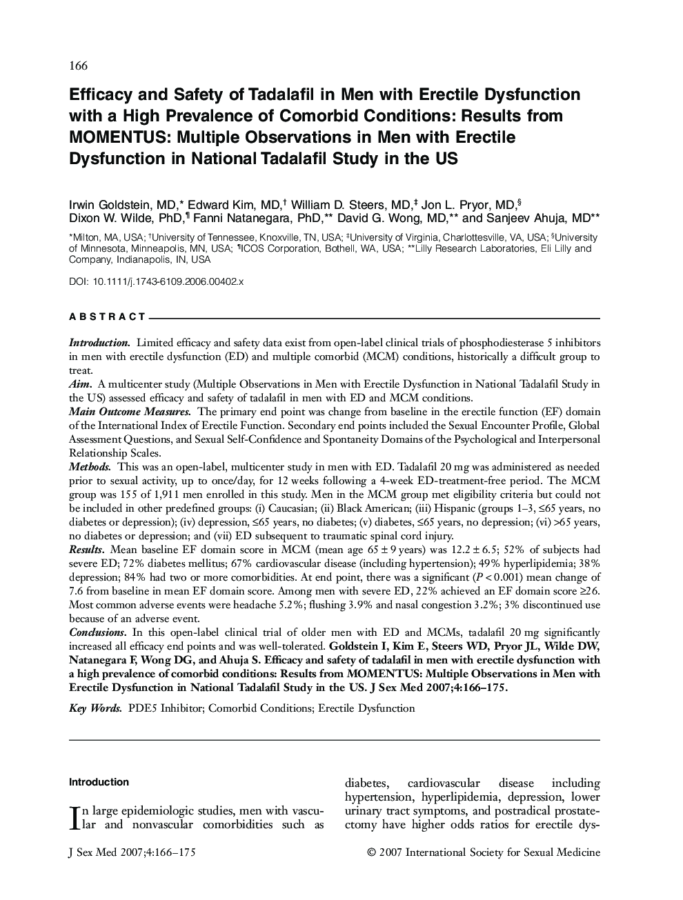 Efficacy and Safety of Tadalafil in Men with Erectile Dysfunction with a High Prevalence of Comorbid Conditions: Results from MOMENTUS: Multiple Observations in Men with Erectile Dysfunction in National Tadalafil Study in the US