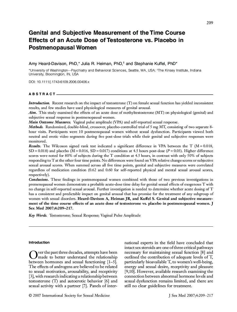 Genital and Subjective Measurement of the Time Course Effects of an Acute Dose of Testosterone vs. Placebo in Postmenopausal Women