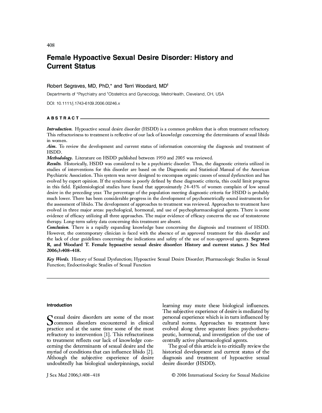 Female Hypoactive Sexual Desire Disorder: History and Current Status