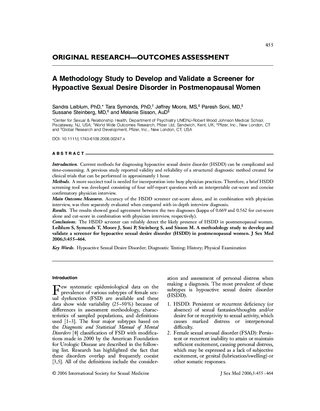 ORIGINAL RESEARCH-OUTCOMES ASSESSMENT: A Methodology Study to Develop and Validate a Screener for Hypoactive Sexual Desire Disorder in Postmenopausal Women