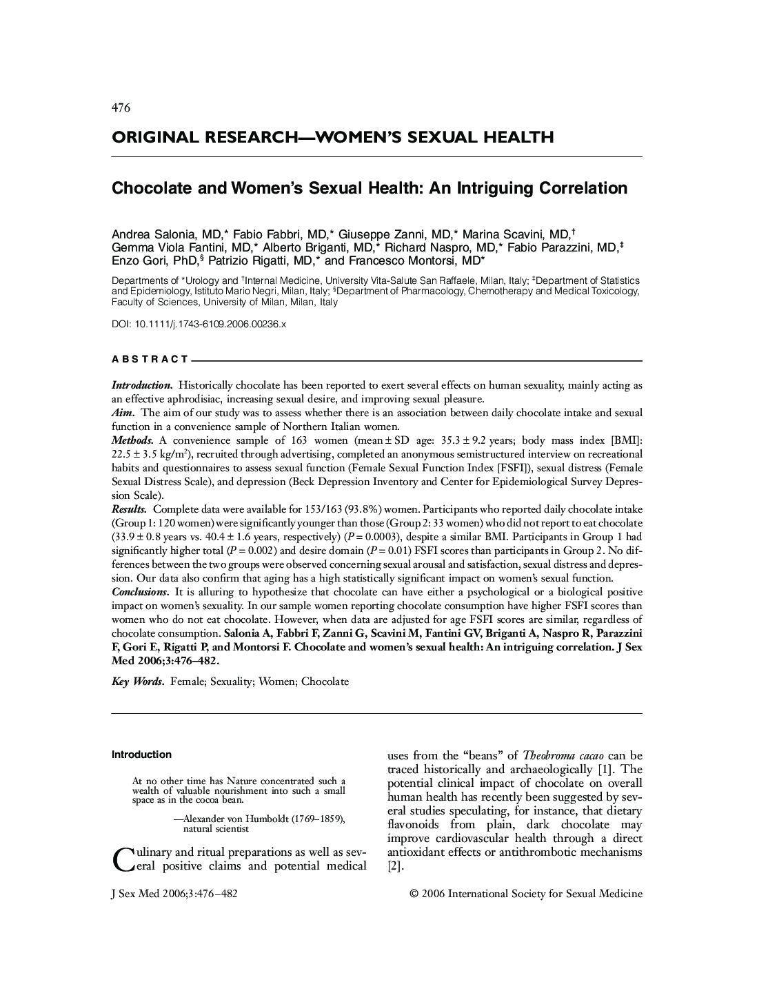 ORIGINAL RESEARCH-WOMEN'S SEXUAL HEALTH: Chocolate and Women's Sexual Health: An Intriguing Correlation