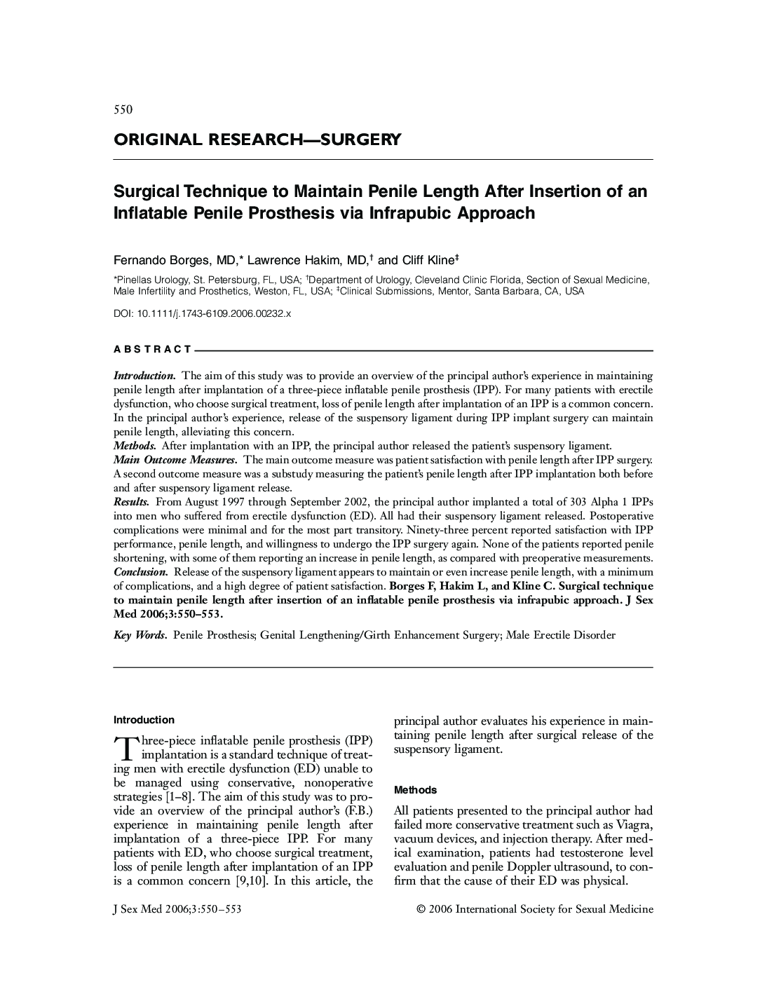 ORIGINAL RESEARCH-SURGERY: Surgical Technique to Maintain Penile Length After Insertion of an Inflatable Penile Prosthesis via Infrapubic Approach