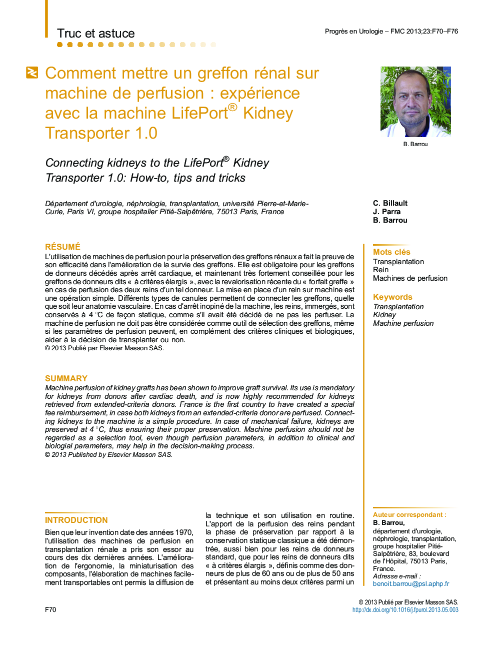 Comment mettre un greffon rénal sur machine de perfusion : expérience avec la machine LifePort® Kidney Transporter 1.0