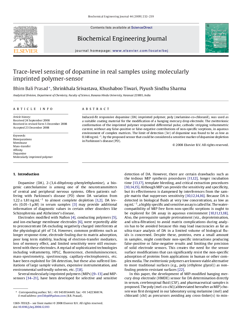 Trace-level sensing of dopamine in real samples using molecularly imprinted polymer-sensor