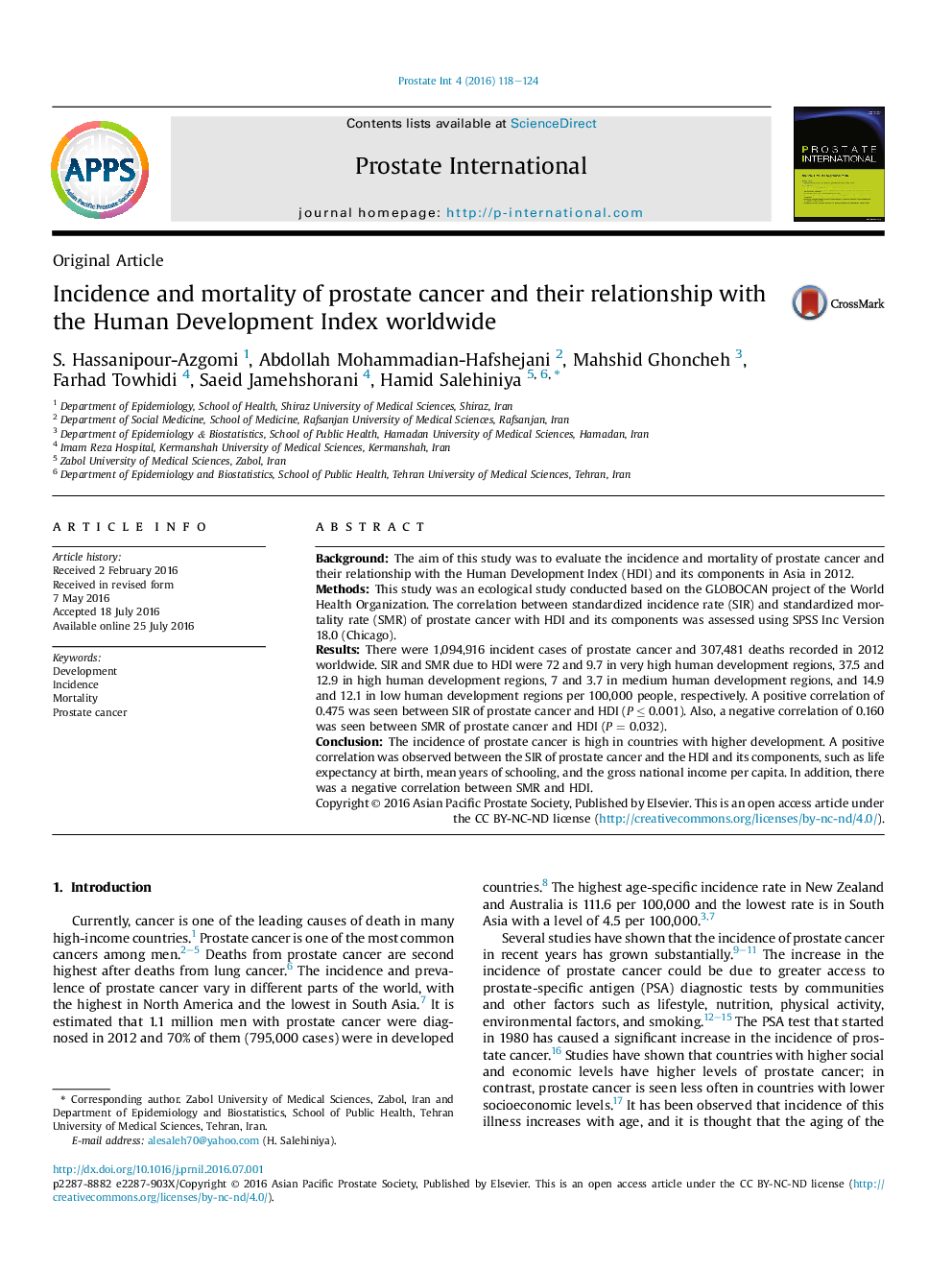 Incidence and mortality of prostate cancer and their relationship with the Human Development Index worldwide