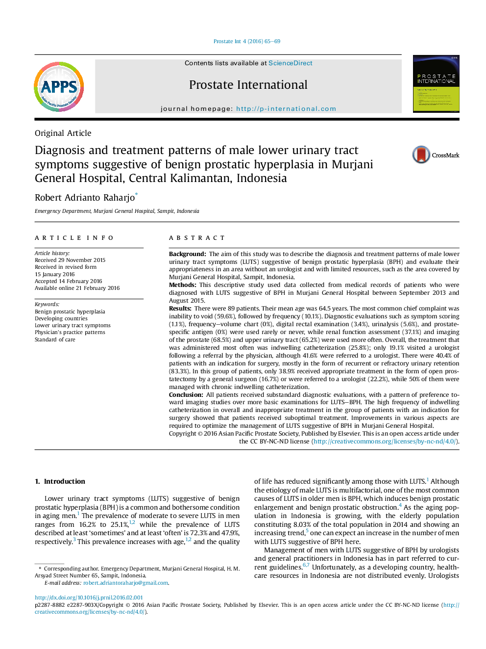 Diagnosis and treatment patterns of male lower urinary tract symptoms suggestive of benign prostatic hyperplasia in Murjani General Hospital, Central Kalimantan, Indonesia