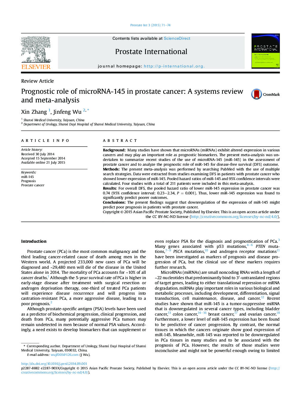 Prognostic role of microRNA-145 in prostate cancer: A systems review and meta-analysis