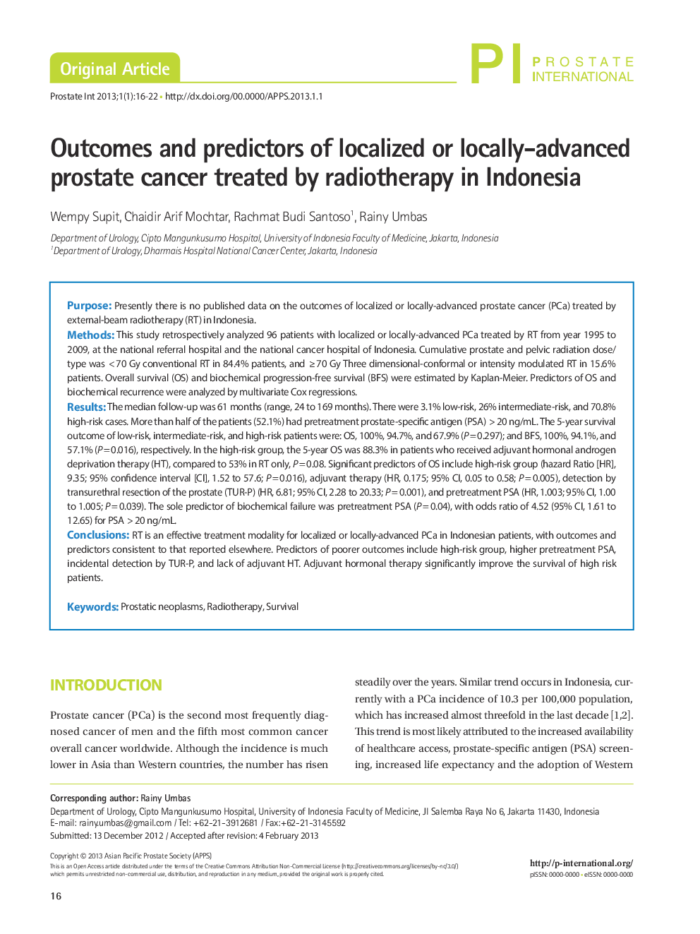 Outcomes and predictors of localized or locally-advanced prostate cancer treated by radiotherapy in Indonesia 