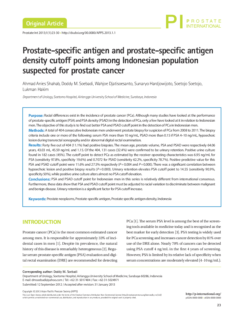 Prostate-specific antigen and prostate-specific antigen density cutoff points among Indonesian population suspected for prostate cancer 