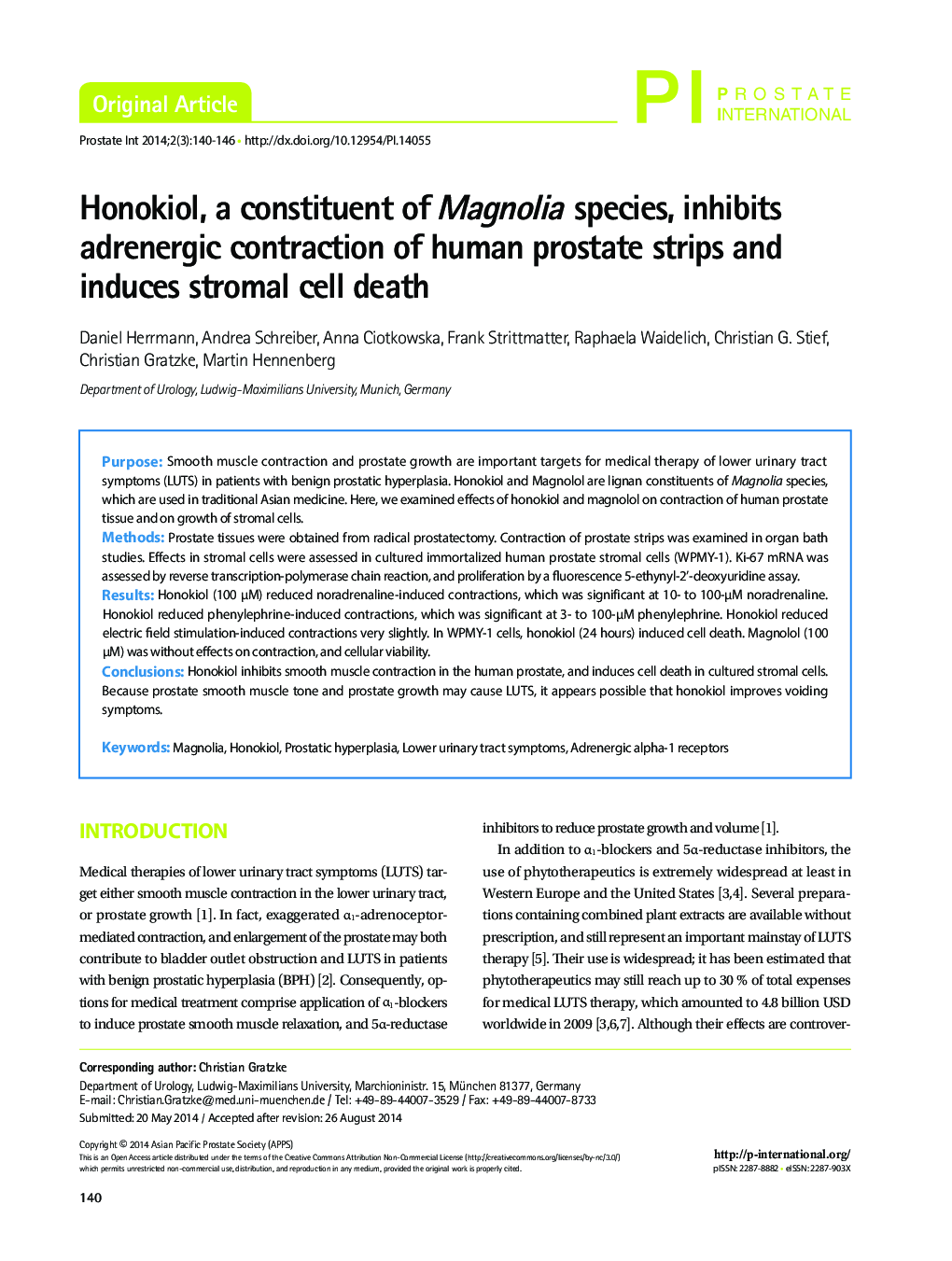 Honokiol, a constituent of Magnolia species, inhibits adrenergic contraction of human prostate strips and induces stromal cell death 