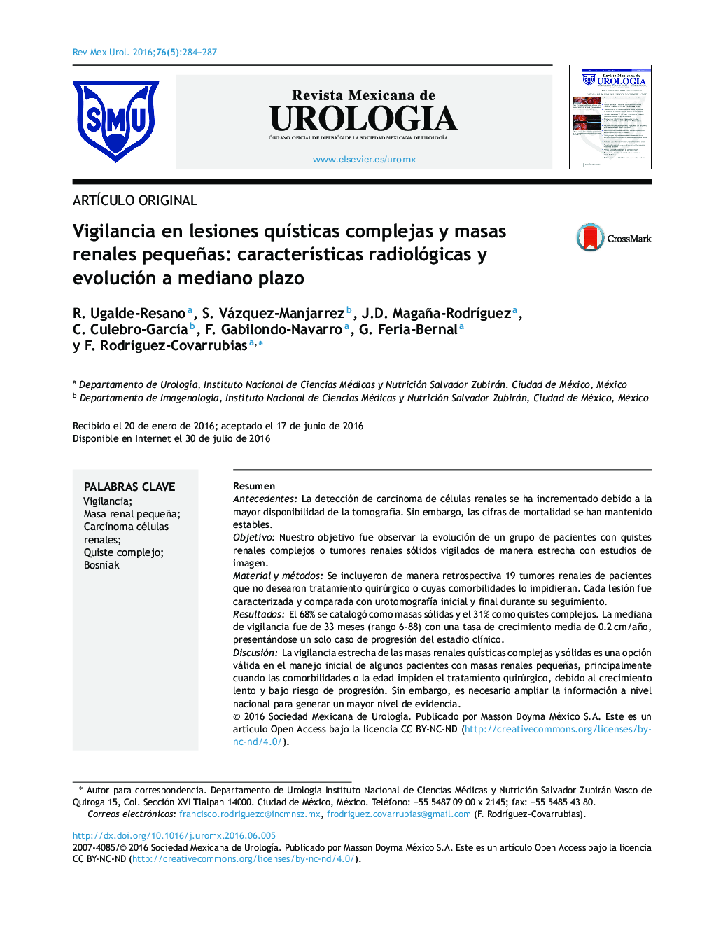 Vigilancia en lesiones quísticas complejas y masas renales pequeñas: características radiológicas y evolución a mediano plazo