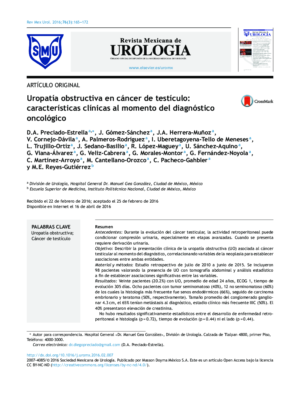 Uropatía obstructiva en cáncer de testículo: características clínicas al momento del diagnóstico oncológico