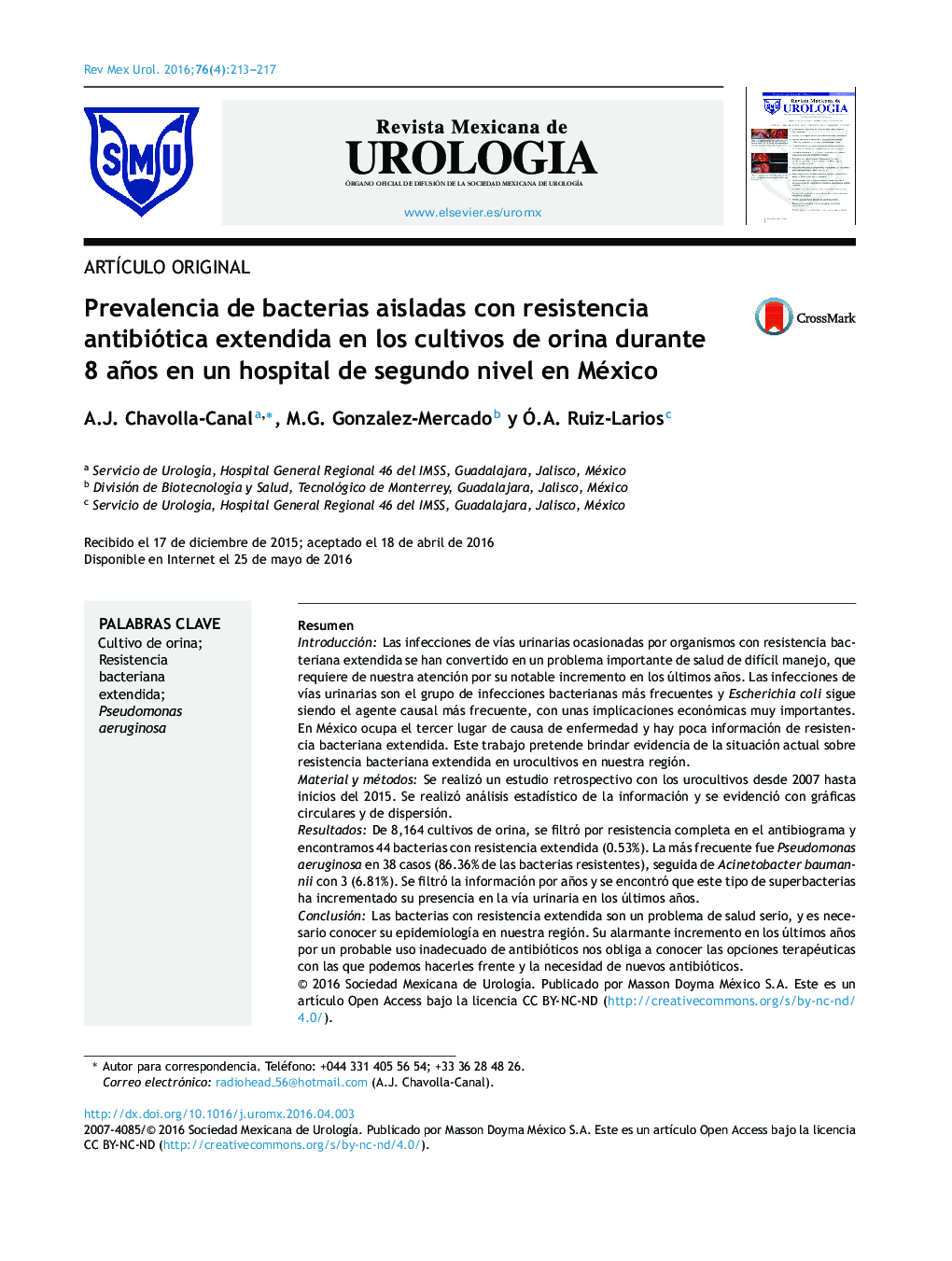 Prevalencia de bacterias aisladas con resistencia antibiótica extendida en los cultivos de orina durante 8 años en un hospital de segundo nivel en México